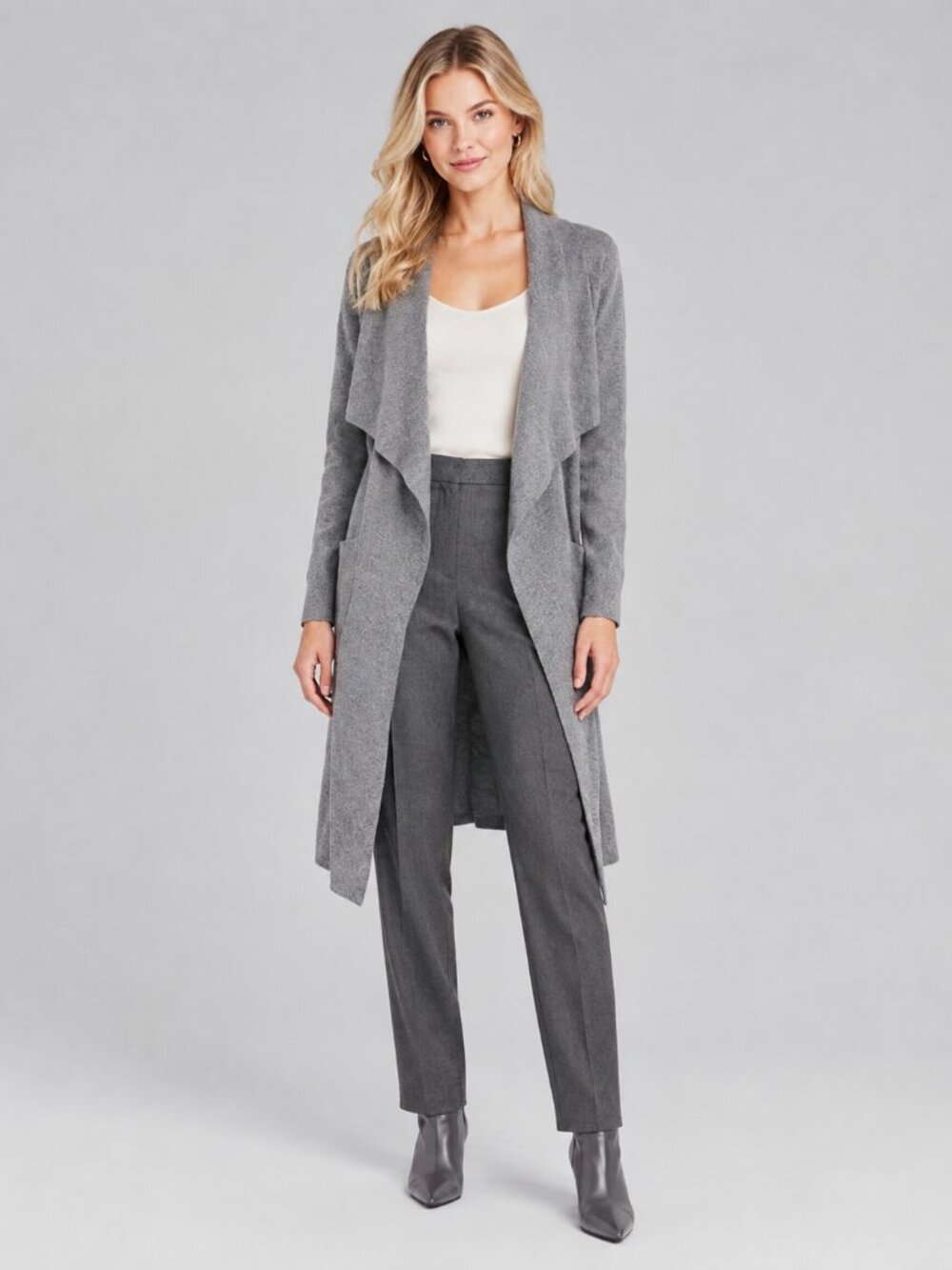 T TAHARI Draped Shawl Open Coatigan Longline Cardigan Gray XS #A4744